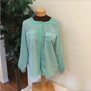Elementz green white striped button down silver buttons Womans Medium